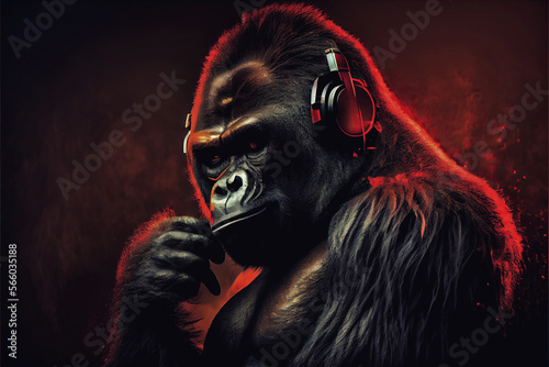 A gorilla with red headphones listening to music. Generative AI 3