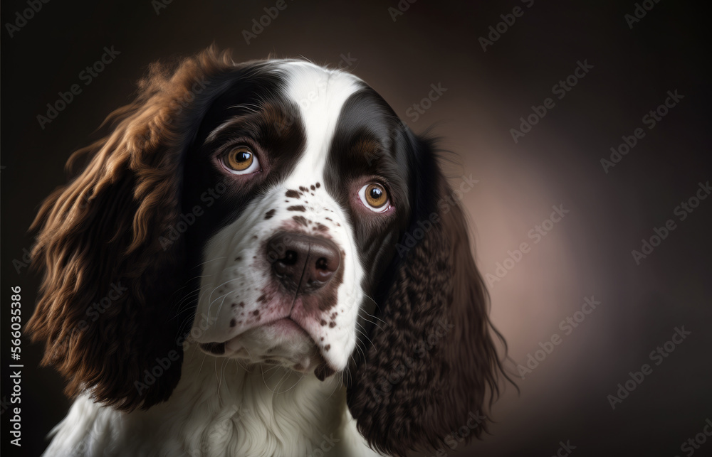 Cute cocker smaniel dog with brown and white hair on a dark background. Generative AI