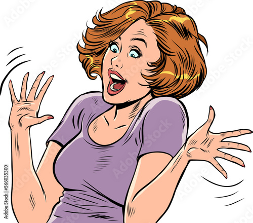 Joyful woman surprised. Beautiful girl with a smile, hands apart