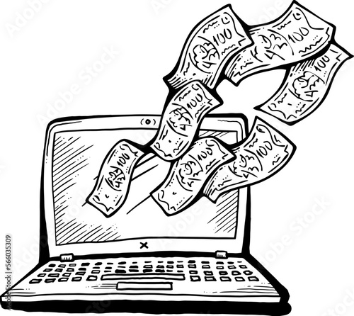 Money cash flying into and out of wallet. Income transfer, currency revenue, inflation and deflation, finance and business theme. Hand drawing illustration. Cartoon style line drawing.