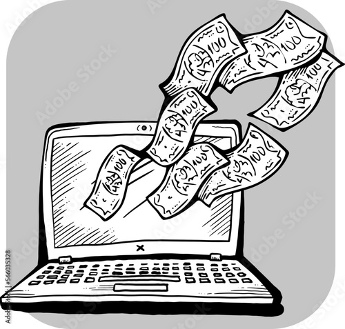 Money cash flying into and out of wallet. Income transfer, currency revenue, inflation and deflation, finance and business theme. Hand drawing illustration. Cartoon style line drawing.