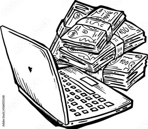 Money cash flying into and out of wallet. Income transfer, currency revenue, inflation and deflation, finance and business theme. Hand drawing illustration. Cartoon style line drawing.