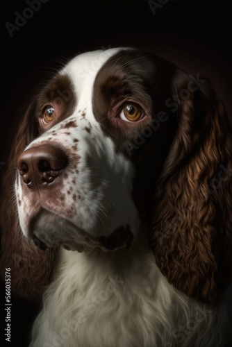 Cute cocker smaniel dog with brown and white hair on a dark background. Generative AI
