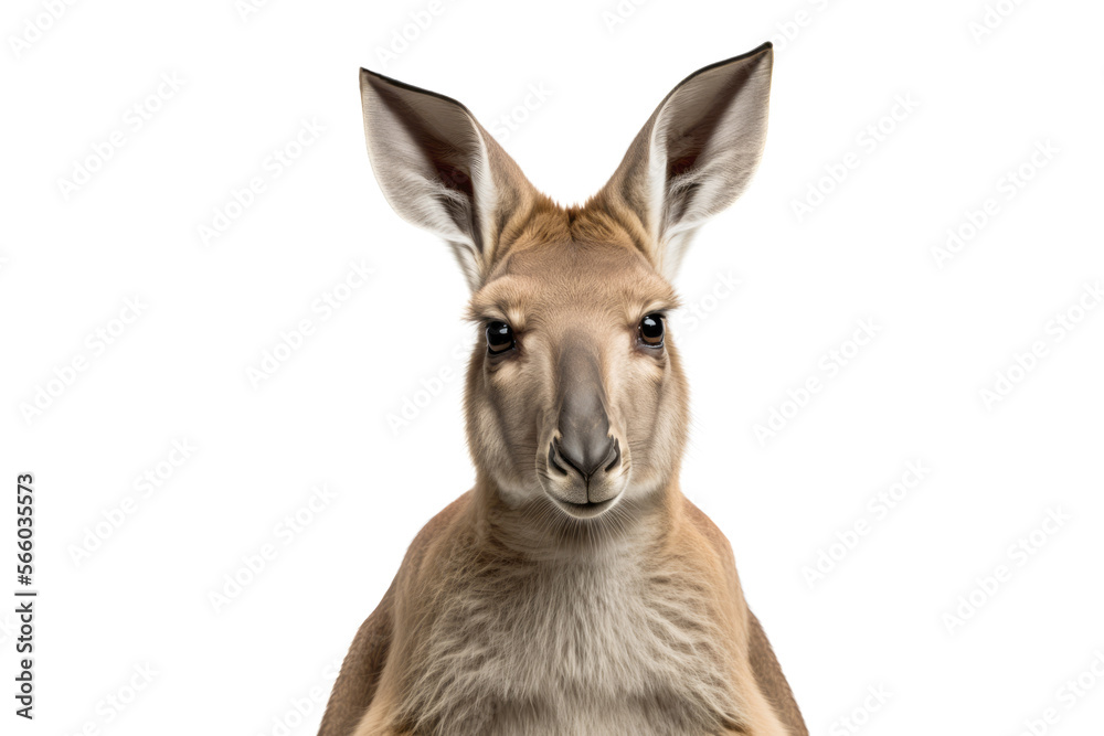 Kangaroo isolated on white background. Portrait of a big marsupiall looking at camera