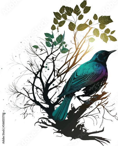Watercolor art bird vector composition on white background