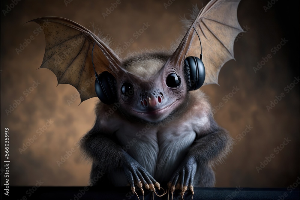 Happy bat wearing headphones, concept of Music Appreciation and Self