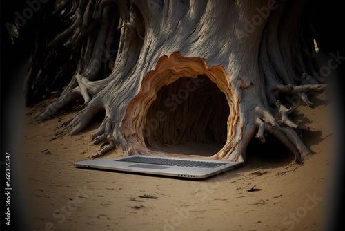 Laptop inside a hollow in a tree, concept of Organic Technology and Nature-Inspired Design, created with Generative AI technology photo