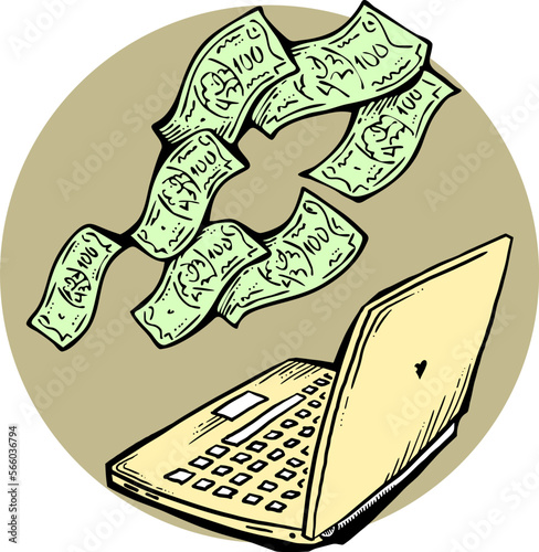 Money cash flying into and out of wallet. Income transfer, currency revenue, inflation and deflation, finance and business theme. Hand drawing illustration. Cartoon style line drawing.