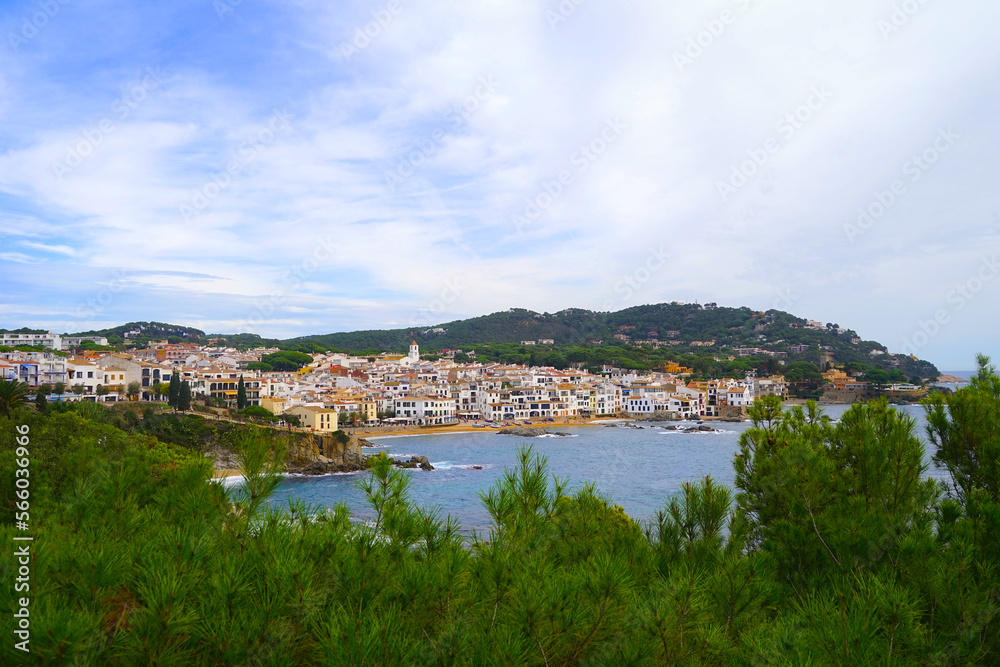 view over pine trees and the mediterranean sea to the beautiful fishing town Callela de Palafrugell at the morning, Costa Brava, Catalonia, Spain