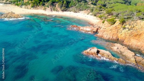 aerial view of a bay with a sandy beach and crystal clear turquoise water and rocks, vacation, summer vacation, tourism, Costa Brava, Spain, Mediterranean, Europe © keBu.Medien
