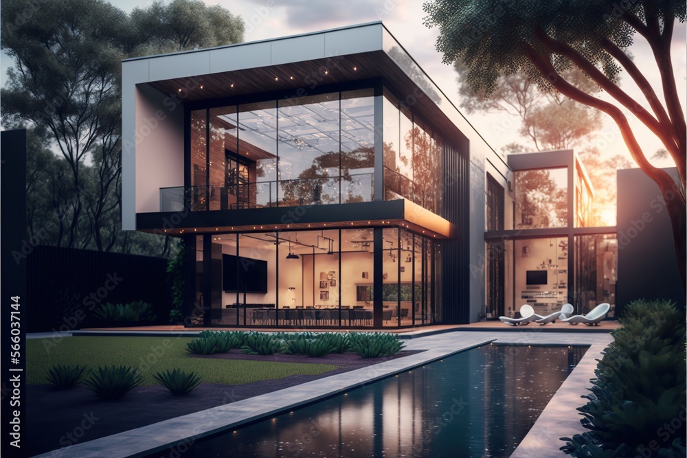 Picture of Modern luxury home with a large backyard and pool, concept of Outdoor ...