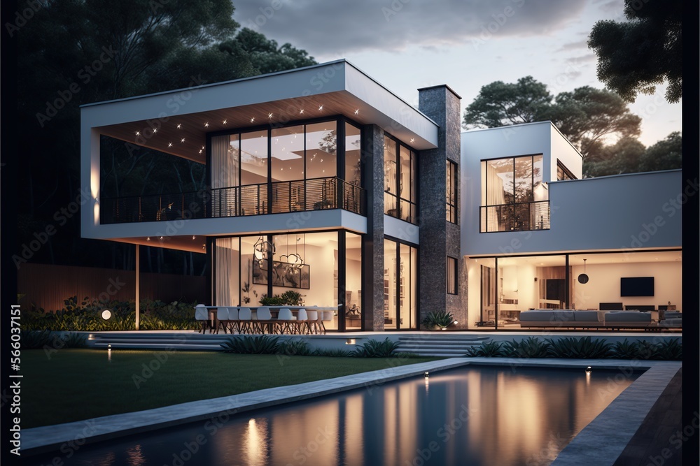 Image showcasing Modern luxury home with a large backyard and pool, concept of Outdoor ...