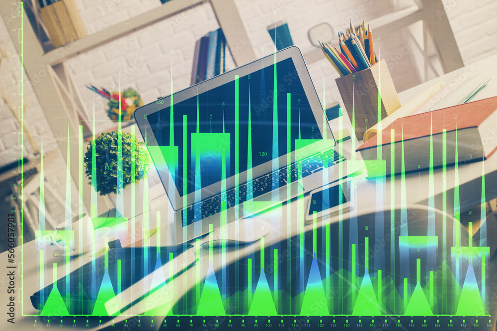 Double exposure of forex chart and work space with computer. Concept of international online trading. Double exposure of forex chart and work space with computer. Concept of international online trading.