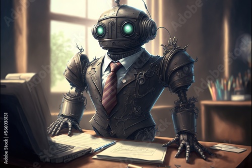Robot bureaucrat with a tie, concept of Artificial Intelligence and Automation, created with Generative AI technology photo
