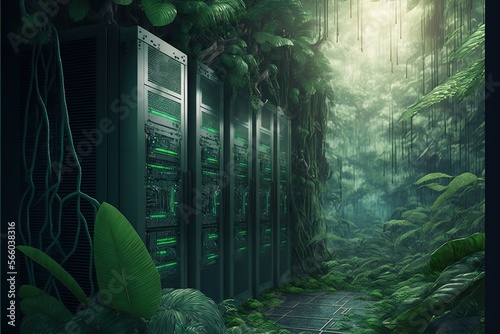 Server room full of tropical forest  concept of Green computing  Data Security and Climate Control  created with Generative AI technology