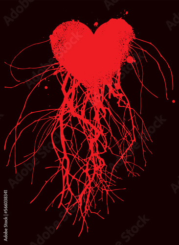 Vector banner with sign red heart, blood vessels and veins or tree roots. Abstract hand-drawn illustration on the theme of love, art. Suitable for poster, tattoo, T-shirt design