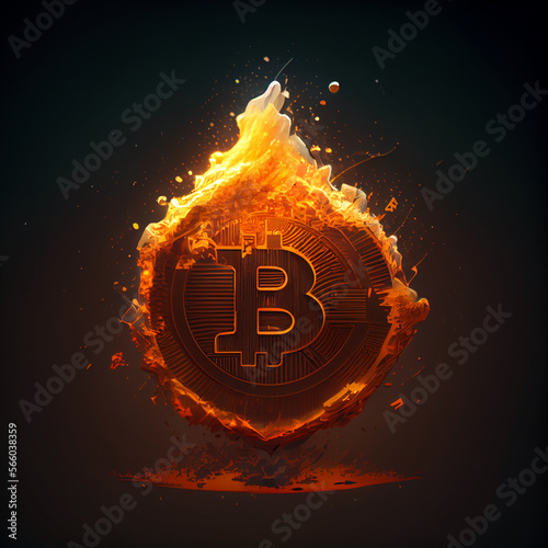 Bitcoin coin on fire, cryptocurrency burning epic 3d illustration background