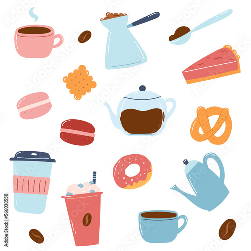 Coffee set. Hand drawn icons of coffee makers, cups, sweets, bakery in cartoon flat style