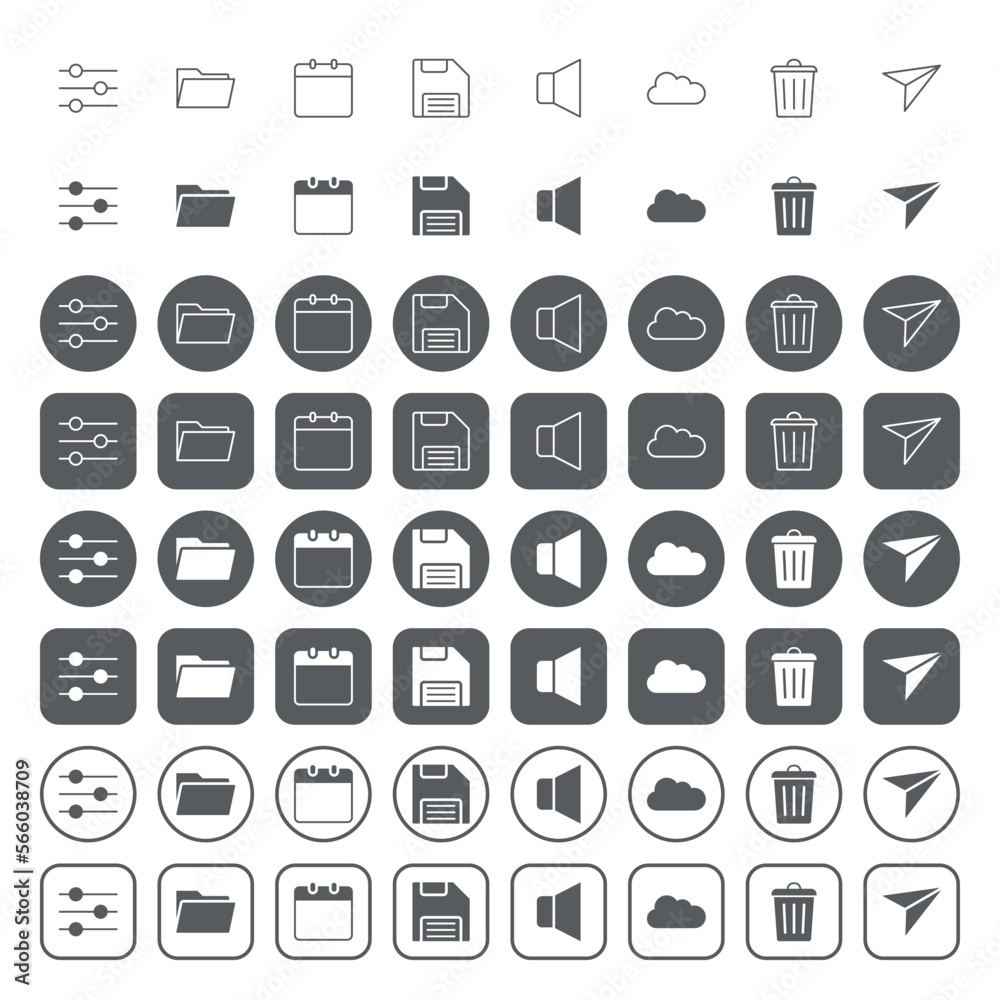 Web user interface icons. icon set contains such icons as refine, folder, calendar, floppy disk, volume knob, cloud, bin, sending message. Web user interface icons. icon set contains such icons as refine, folder, calendar, floppy disk, volume knob, cloud, bin, sending message.
