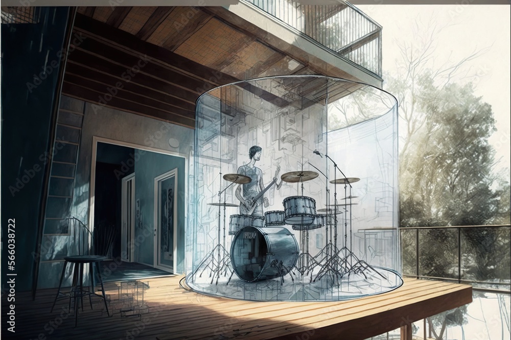 Transparent house upstairs neighbor drumming, concept of Noise