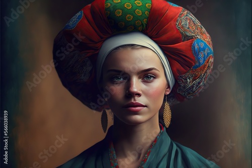 Woman with oriental hat  concept of Bright Colors and Sun Protection  created with Generative AI technology