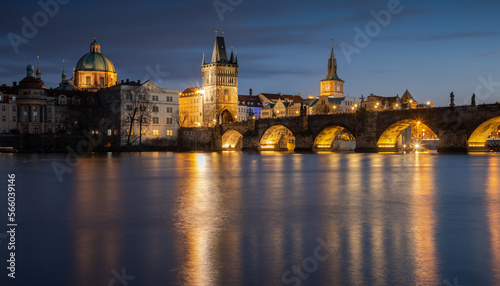 Evening view of the Charles Bridge in the center of Prague