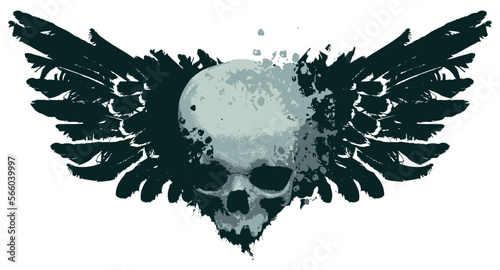 vector human skull with spots, splashes and bird wings. Graphic print for clothes, fabric, wallpaper, wrapping paper, design element for halloween party