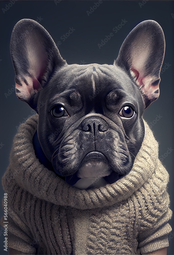 Portrait of black French bulldog, dressed in a knitted sweater