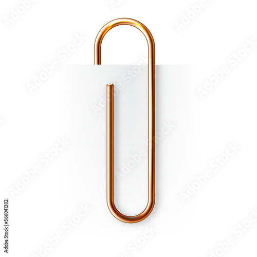 Realistic copper paperclip attached to paper isolated on white background. Shiny metal paper clip, page holder, binder. Workplace office supplies. Vector illustration
