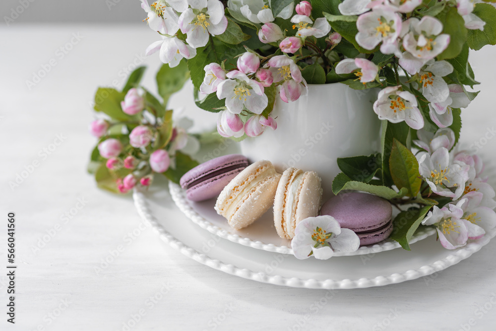 Fototapeta premium Beautiful composition with delicious French macarons and spring flowers in a white cup. Sweet dessert, early spring white and pink flowers, wedding decor, bride morning