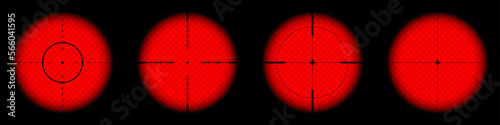 Various weapon thermal infrared sights, sniper rifle optical scopes. Hunting gun viewfinder with crosshair. Aim, shooting mark symbol. Military target sign. Game UI element. Vector illustration