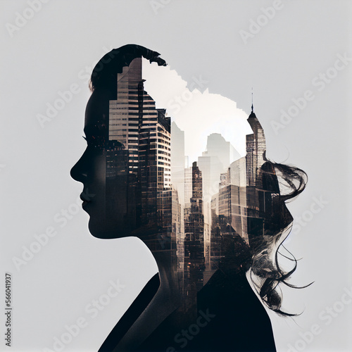 Business background, businesswoman double exposure effect and city buildings illustration