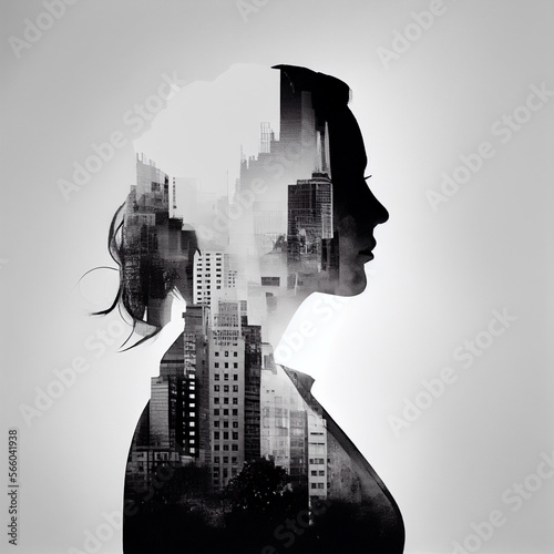 Business background, businesswoman double exposure effect and city buildings illustration photo