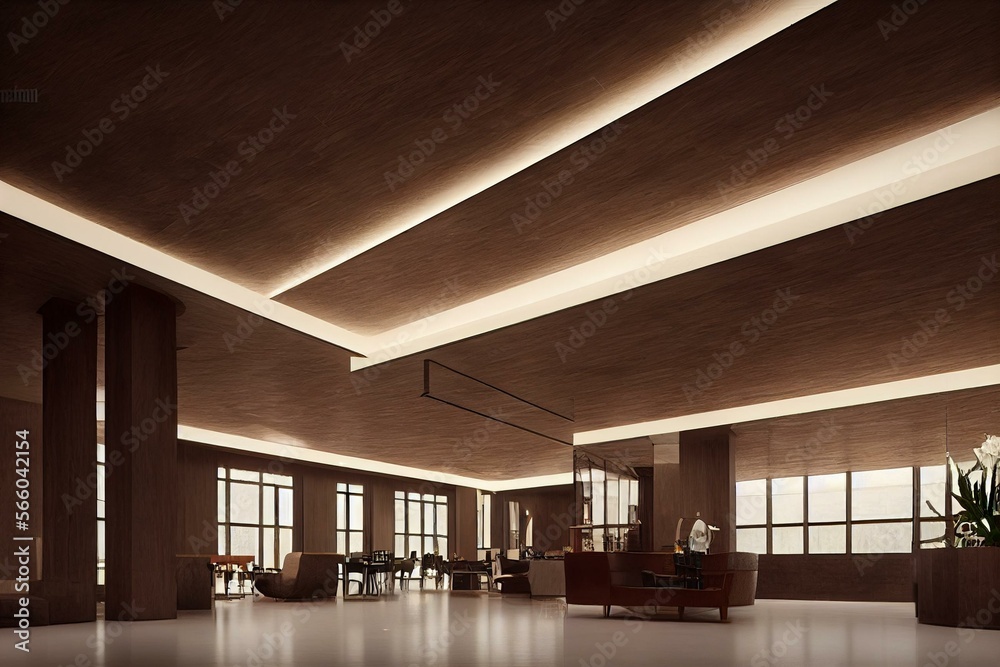 Interior of contemporary cafe with double ceiling height features light ...
