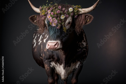 GemusterteSchwarzwald Kuh dekoriert mit Blumen auf dem Kopf, Tradition, Facing, Generative AI photo