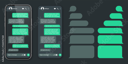 Realistic smartphone with messaging app. SMS text frame. Conversation chat screen with green message bubbles and placeholder text. Dark mode. Social media application. Vector illustration