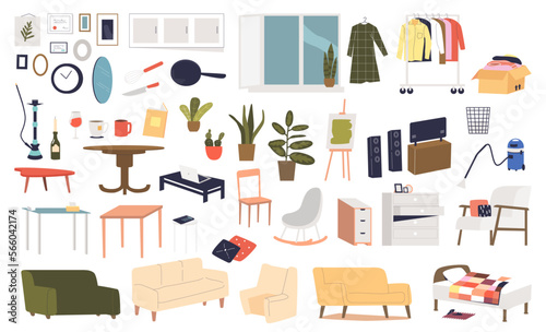 Home interior decor and furniture elements set for bedroom, living room design. Chairs, sofa, table
