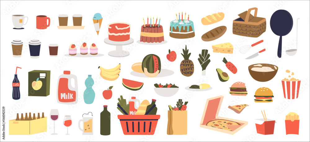 Food icons set. Cartoon fruits, vegetables, meals, fast food dish, drinks, beverages, coffee cups
