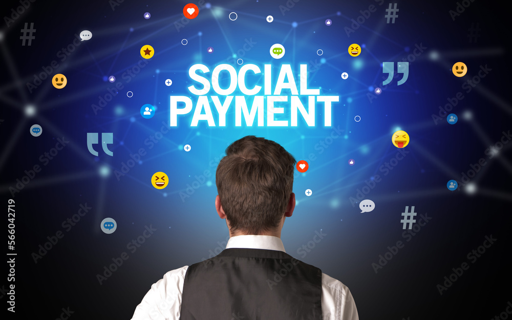 Rear view of a businessman, social media concept Rear view of a businessman, social media concept