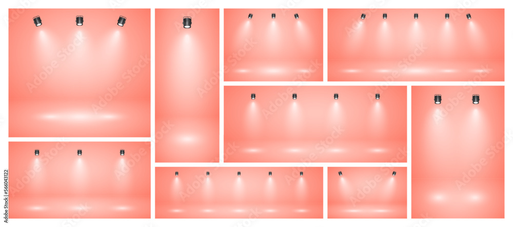 Empty peach studio abstract backgrounds with spotlights. Product showcase backdrop with spotlight effect. Stage lighting. Vector illustration Empty peach studio abstract backgrounds with spotlights. Product showcase backdrop with spotlight effect. Stage lighting. Vector illustration