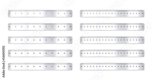 Realistic various brushed metal rulers with measurement scale and divisions, measure marks. School ruler, centimeter and inch scale for length measuring. Office supplies. Vector illustration