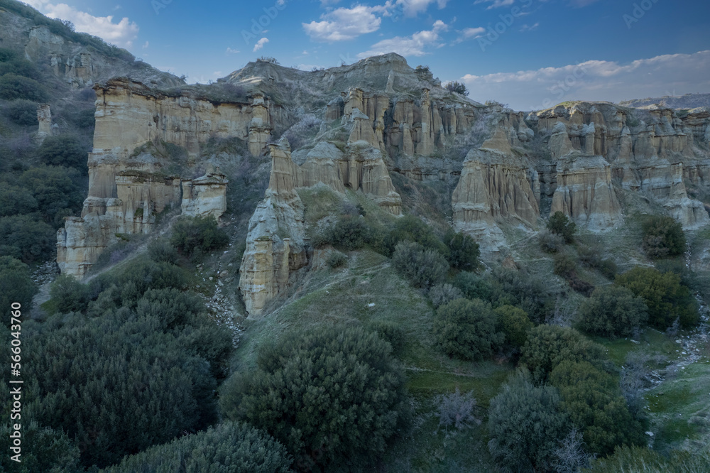 Fairy Chimneys, Kula Geopark at location Manisa, Turkey. Kula Volcanic Geopark, also known as Kuladoccia. It was recognized by UNESCO as a UNESCO Global Geopark and is the country's only geopark