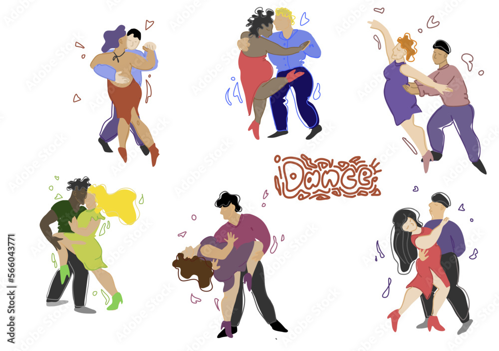 Set of pairs of dancers isolated on white background. A group of men and women danced the bachata dance, latin dances, tango. body positive dancers. Vector set.