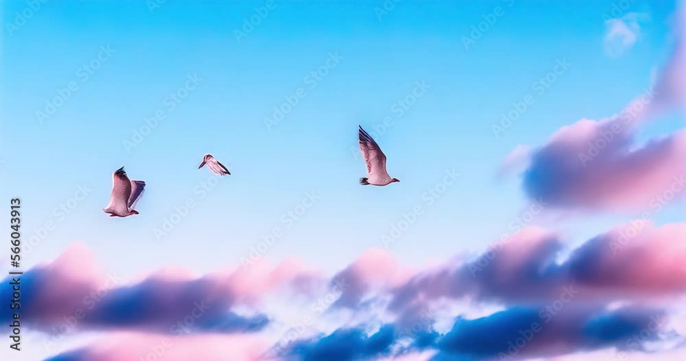 seagulls in the cotton candy colored sky animation generative ai