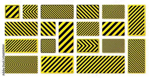Various black and yellow warning signs with diagonal lines. Attention, danger or caution sign, construction site signage. Realistic notice signboard, warning banner, road shield. Vector illustration