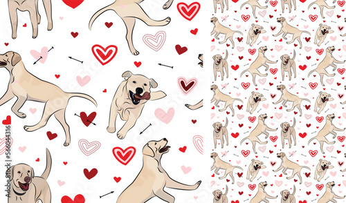 Labrador retriever dog Valentine's day heart wallpaper. Love doodles hearts with pets holiday texture. square background, repeatable pattern. St Valentine's day wallpaper, valentine romantic present.