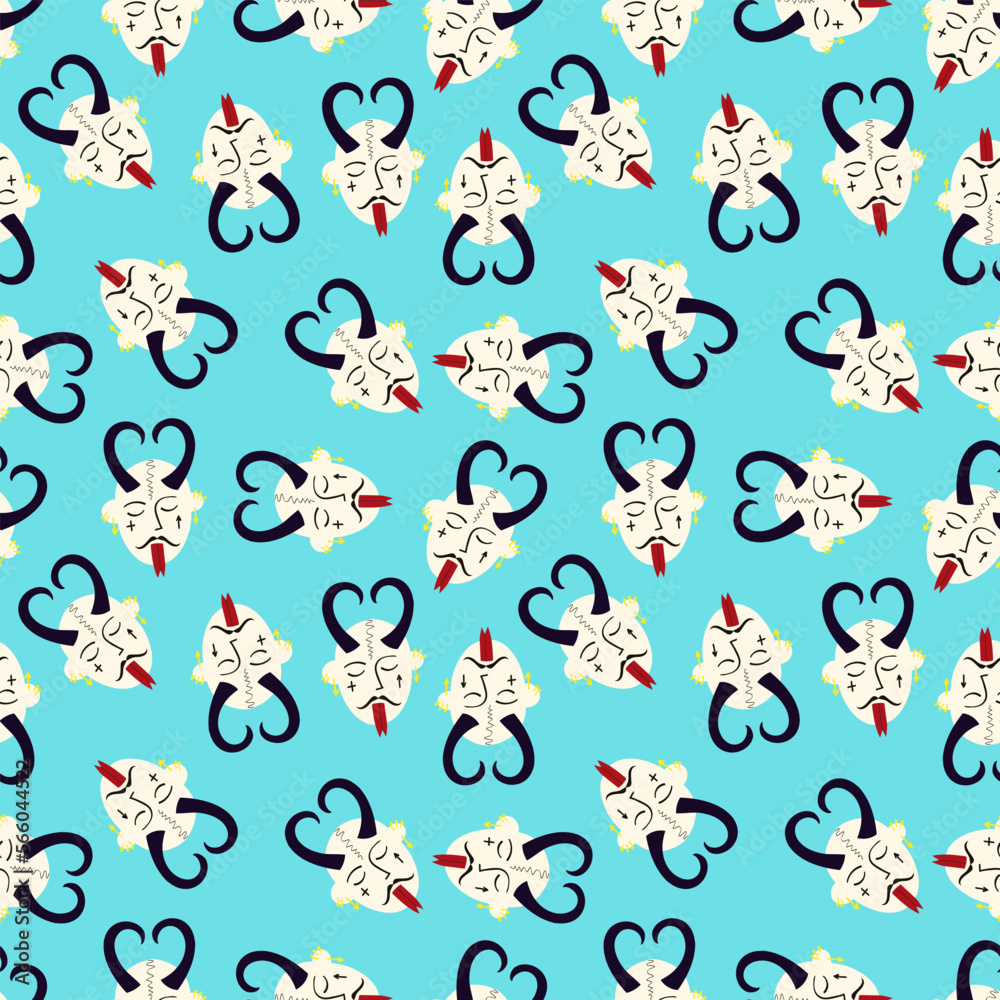 Pattern of Funky demon head with a creepy ugly face. Pattern of Funky demon head with a creepy ugly face.