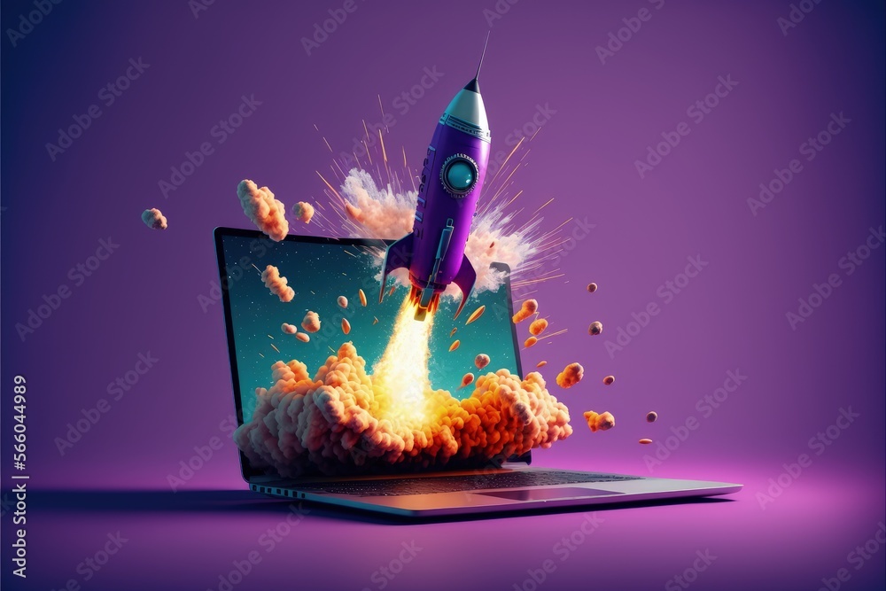 Rocket taking off from laptop screen on purple background, startup concept, Generative AI - obrazy, fototapety, plakaty 