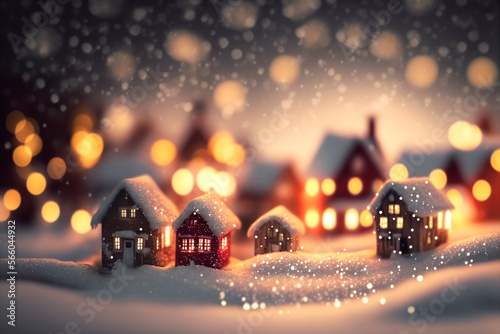 Snowy winter village bokeh effect