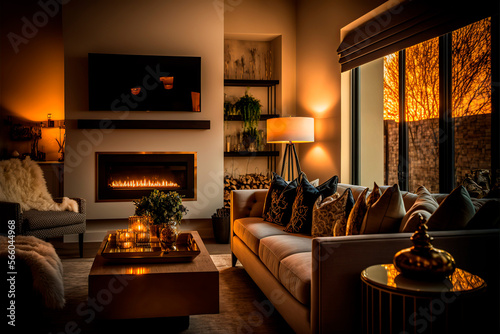 Luxurious living room with fireplace during golden hour